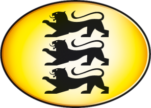 Eine ovale Grafik – im Querformat – mit schwarzem Rand ist in den äußernen Flächenbereichen gelb und wird zur Mitte hin weiß. Auf der Fläche sind drei Löwen und symbolisieren das Land Baden-Württemberg.