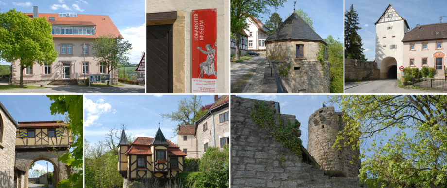 Krautheim in Hohenlohe. Es sind sieben Bilder zu einer rechteckigen Collage zusammengesetzt: Alles schöne Motive in Krautheim: Burg und Rathaus. Einen Lkw-Fahrer sieht man allerdings nicht.